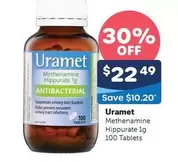 Uramet -  Methenamine Hippurate 1g 100 Tablets offers at $22.49 in Advantage Pharmacy