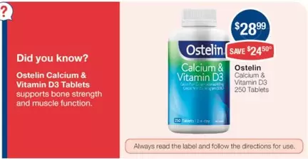Ostelin - Calcium & Vitamin D3 250 Tablets offers at $28.99 in Pharmacist Advice