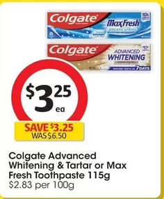 Colgate - Advanced Whitening & Tartar Toothpaste 115g offers at $3.25 in Coles