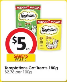 Temptations - Cat Treats 180g offers at $5 in Coles