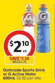 Gatorade - Sports Drink Water 600ml offers at $2.1 in Coles