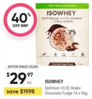 Isowhey - Optimum Vlcd Shake Chocolate Fudge 18 X 55g offers at $29.97 in Healthylife Pharmacy