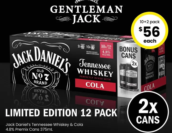 Jack Daniels - Tennessee Whiskey & Cola 4.8% Premix Cans 375mL offers at $56 in The Bottle-O
