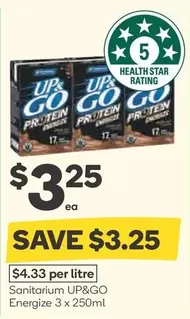 Sanitarium  - Up&go Energize 3 X 250ml offers at $3.25 in Woolworths