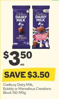 Cadbury - Dairy Milk, Bubbly Or Marvellous Creations Block 150-190g offers at $3.5 in Woolworths