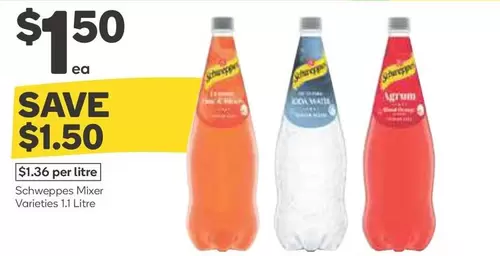 Schweppes -  Mixer Varieties 1.1 Litre offers at $1.5 in Woolworths