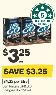 Sanitarium  - Up&go Energize 3 X 250ml offers at $3.25 in Woolworths
