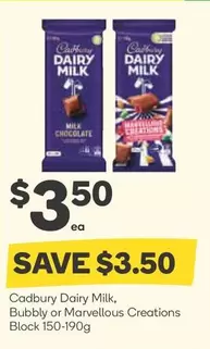 Cadbury - Dairy Milk, Bubbly Or Marvellous Creations Block 150-190g offers at $3.5 in Woolworths