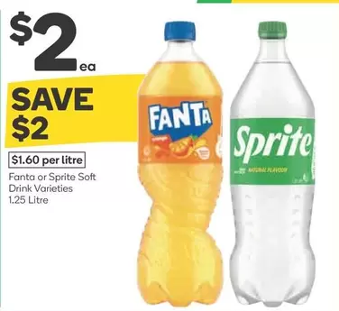 Fanta Or Sprite Soft Drink Varieties 1.25 Litre offers at $2 in Woolworths