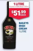 Baileys - Irish Cream 1 Litre offers at $51.99 in Bottlemart