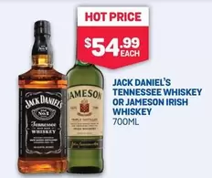 Jack Daniels - Tennessee Whiskey Or Jameson Irish Whiskey 700ml offers at $54.99 in Bottlemart