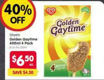 Streets - Golden Gaytime 400ml 4 Pack offers at $6.5 in SPAR