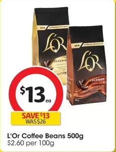 L’or  - Coffee Beans 500g offers at $13 in Coles