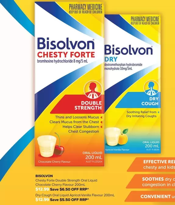 Bisolvon -  Chesty Forte Double Strength Oral Liquid Chocolate Cherry Flavour 200mL  offers at $12.99 in Ramsay Pharmacy