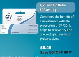 Qv - Face Lip Balm Spf30 15g offers at $5.49 in Ramsay Pharmacy