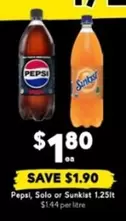 Pepsi -  Solo Or Sunkist 1.25lt offers at $1.8 in Drakes