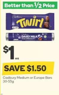 Cadbury -  Medium or Europe Bars 30-55g offers at $1 in Woolworths