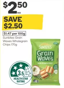 Sunbites -  Grain Waves Wholegrain Chips 170g offers at $2.5 in Woolworths