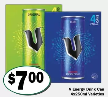 V - Energy Drink Can 4x250ml arieties offers at $7 in Friendly Grocer