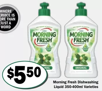 Morning fresh - Dishwashing Liquid 350-400ml Varieties offers at $5.5 in Friendly Grocer