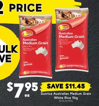 Sunrice - Australian Medium Grain White Rice 5kg offers at $7.95 in Drakes