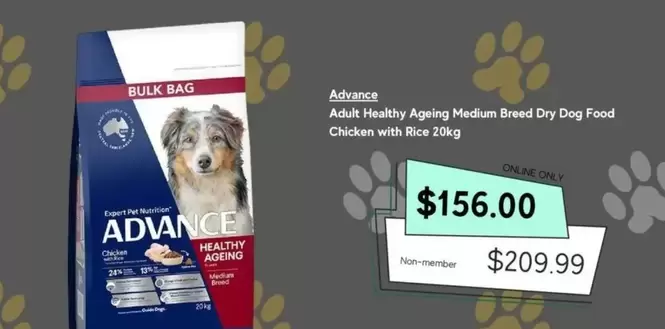 Advance - Adult Healthy Ageing Medium Breed Dry Dog Food Chicken With Rice 20kg offers at $156 in Petbarn
