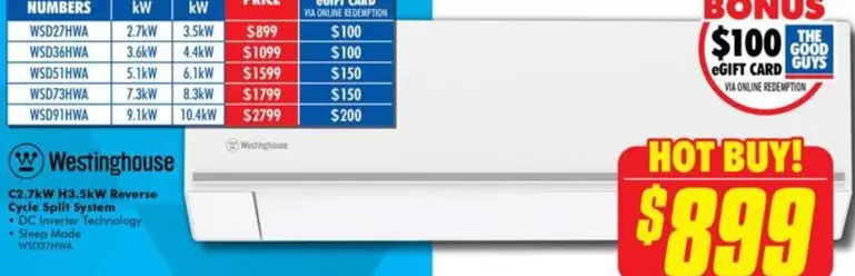 Westinghouse  - 2 En 1 Set offers at $899 in The Good Guys