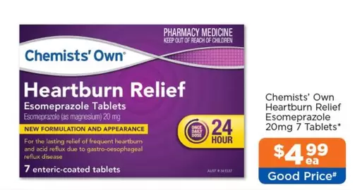 Chemist's Own - Heartburn Relief Esomeprazole 20mg 7 Tablets offers at $4.99 in Good Price Pharmacy