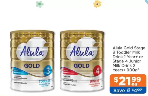Alula -  Gold Stage 3 Toddler Milk Drink 1 Year+ Or Stage 4 Junior Milk Drink 2 Years+ 900g offers at $21.99 in Good Price Pharmacy