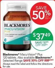 Blackmores - Macu-vision Plus 120 Tablets offers at $37.49 in TerryWhite Chemmart