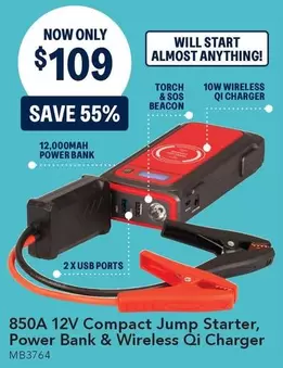 Jump - 12V Compact  Starter, Power Bank & Wireless Qi Charger offers at $109 in Jaycar Electronics