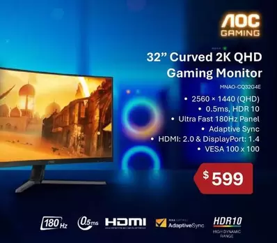 Dynamic - 32" Curved 2k Qhd Gaming Monitor offers at $599 in Leader Computers