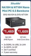 Shuttle Na10h & Nt10h Nano Mini Pc 0.5 Barebone offers at $1469 in Leader Computers