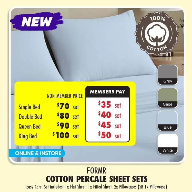 Formr - Cotton Percale Sheet Sets offers at $70 in Lincraft