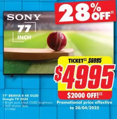 Sony - 77" Bravia 8 4k Oled Google Tv 2024 offers at $4995 in The Good Guys
