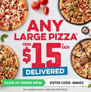 Any Large Pizza from $15 ea delivered deal at 